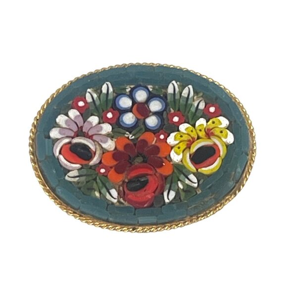 Italian Mosaic Floral Brooch Pin Oval Shape with Gold Tone Frame Intricately Des - Picture 2 of 8